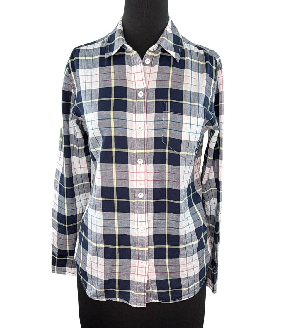 Equipment Blue White Pink Yellow Shirt Plaid Curved Hem Button-Up XS X-Small